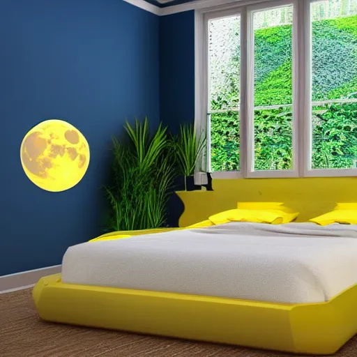 Image similar to a yellow moon shaped bed in a blue room, with plants in the windows of the room, 8 k, trending on artstation, hdr