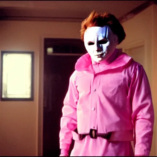 Prompt: michael myers in a cute pink maid outfit