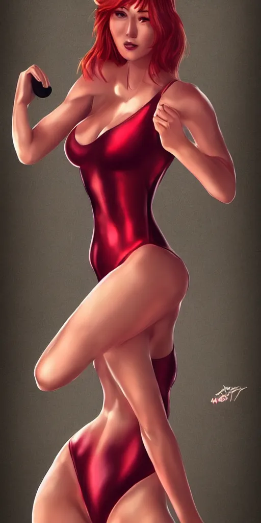 Prompt: beautiful full body portrait of a ginger woman wearing a sparkling cherry color one piece swimsuit wlop, artgerm, artstation