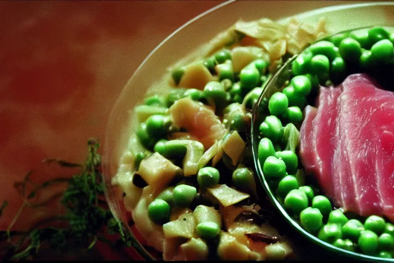 Prompt: tuna and peas aspic in cyberspace, in 1 9 9 5, y 2 k cybercore, industrial low - light photography, still from a ridley scott movie