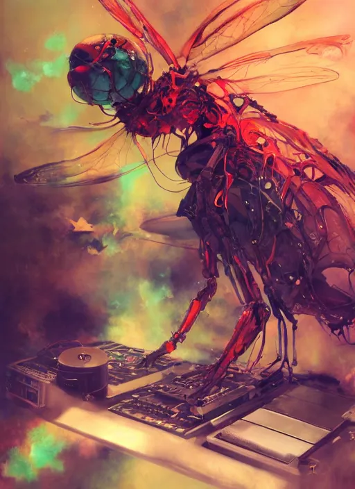 Image similar to surreal gouache painting, by yoshitaka amano, by ruan jia, by conrad roset, by good smile company, detailed anime 3d render of a Giant glowing dragonfly on a DJ mixer, portrait, cgsociety, artstation, rococo mechanical and eletronic, dieselpunk atmosphere