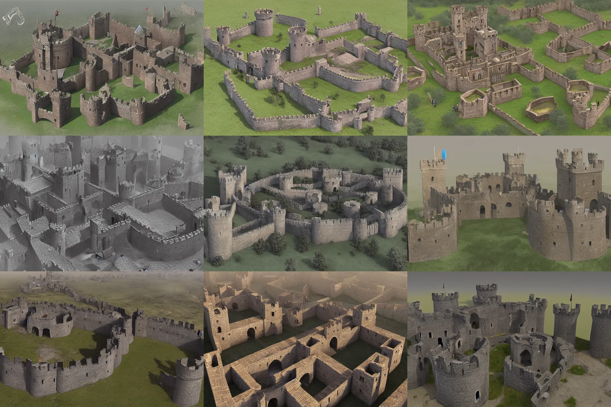 Prompt: inner ward of a small medieval castle, round, six towers, double walls, main gates, viewed from bird's-eye, concept art, key visual, realistic, architecture, digital art