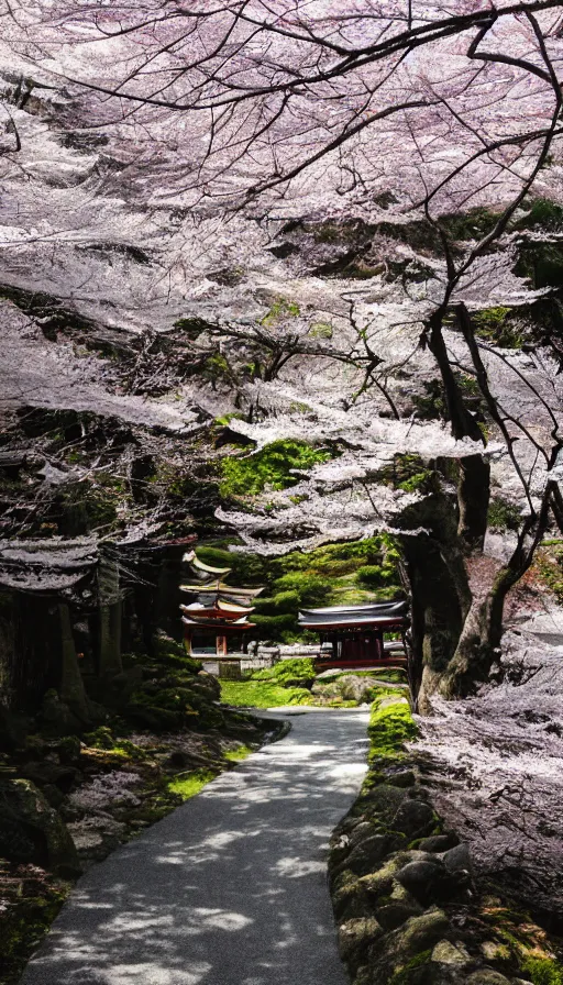 Image similar to a shinto shrine path atop a mountain,spring,cherry trees,beautiful,nature,distant shot,random angle