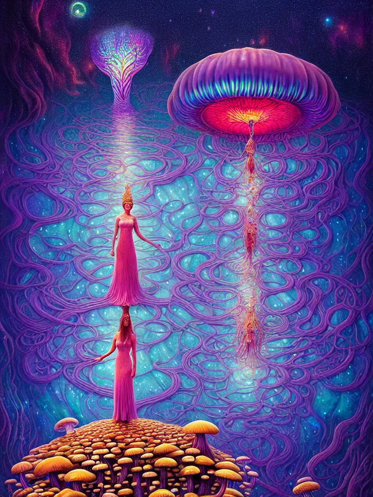 Prompt: portrait of queen of dreams, extremely beautiful, floating among many nebula stars with lots of gigantic mushrooms and jellyfish, symmetrical composition, by gediminas pranckevicius, jacek yerka, rob gonsalves, peter gric, digital painting, octane rendered, crepuscular rays, neon cyberpunk colors vibrant colors, trending on artstation