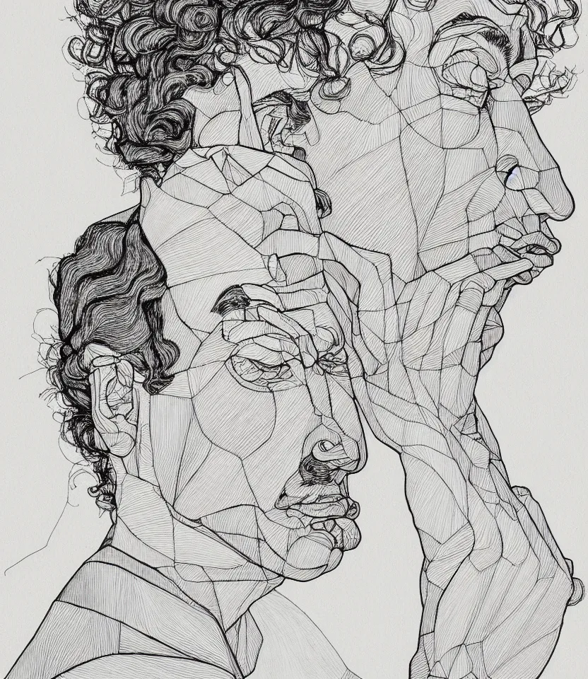 Prompt: detailed line art portrait of johannes eckehart, inspired by egon schiele. caricatural, minimalist, bold contour lines, musicality, soft twirls curls and curves, confident personality, raw emotion