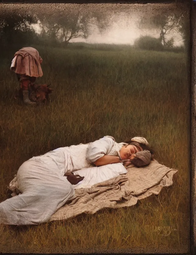 Prompt: peasant girl sleeping with a cow on a farm, cottage core, polaroid photo bleached vintage pastel colors high - key lighting, soft lights, foggy, by steve hanks, by lisa yuskavage, by serov valentin, by tarkovsky, 8 k render, detailed, oil on canvas