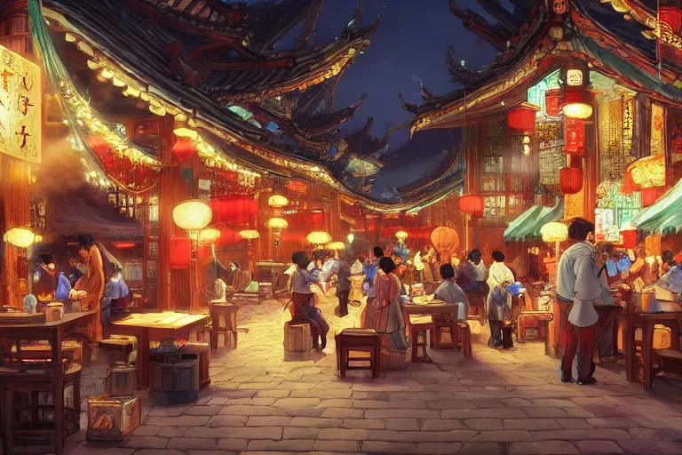 Image similar to fantasy art of a bustling tavern in china, at night, by makoto shinkai, highly detailed digital art, trending on artstation