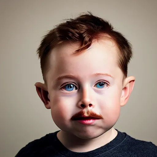 Image similar to toddler elon musk with long mustache and epic beard, 5 0 mm, studio lighting