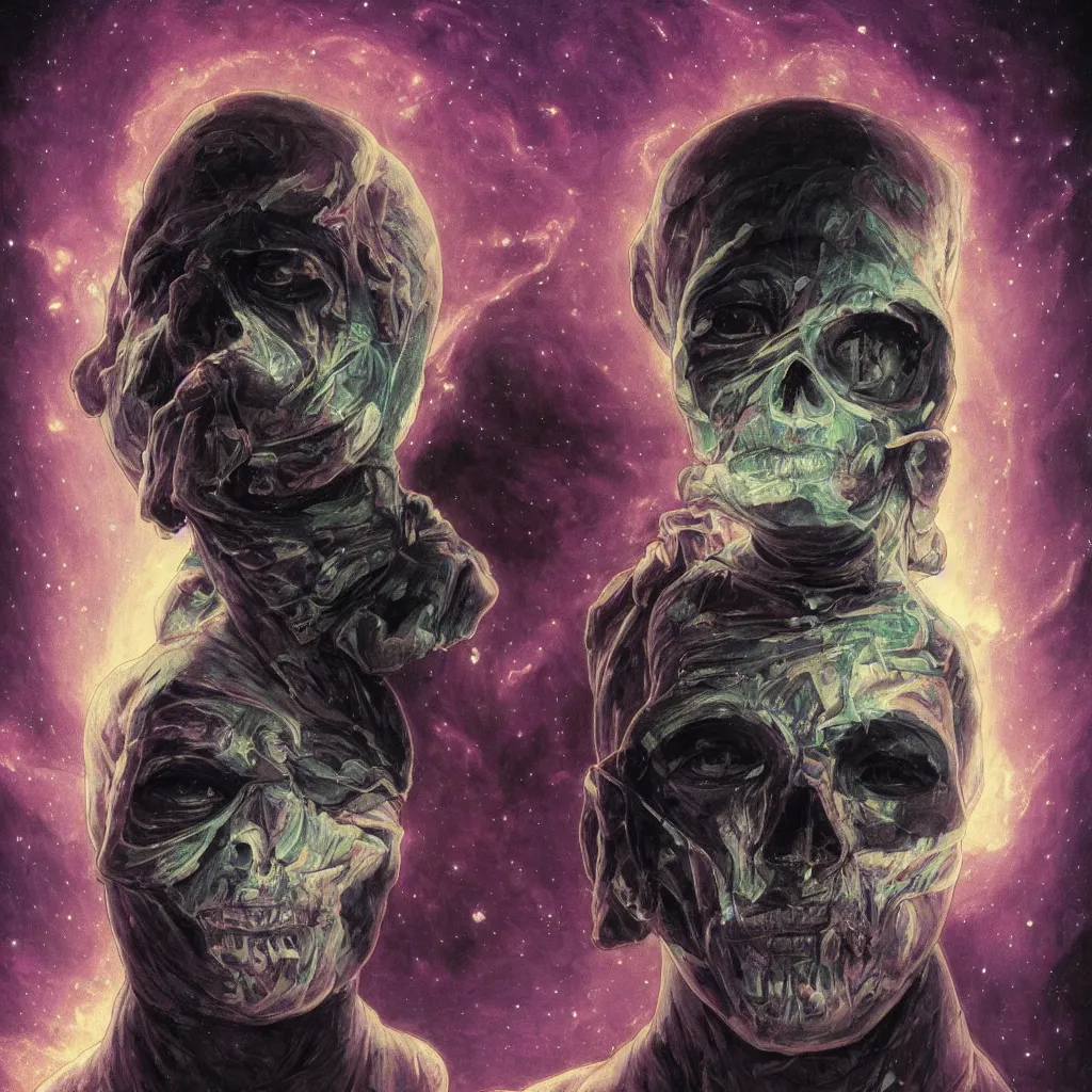 Image similar to intense glowing egyptian mummy god with ancient bandages and intense black eyes with a skull in very dark cosmic nebula by artgerm and beksinski and alphonse mucha, portrait, centered, symmetrical, clear, light beams, lens flare, intense, pharoah, uhd, amazing depth, cinematic lighting, black and purple and shining gold