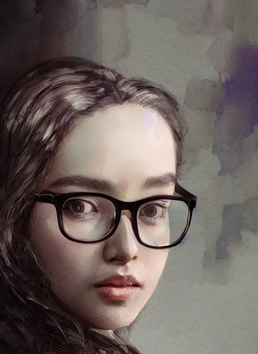 Prompt: portrait, young beautiful woman with big black eyeglasses, watercolor, dramatic lighting, cinematic, establishing shot, extremely high detail, foto realistic, cinematic lighting, digital art, vector, by Yoshitaka Amano, Ruan Jia, Kentaro Miura, Artgerm, post processed, concept art, artstation, matte painting, style by eddie mendoza, raphael lacoste, alex ross