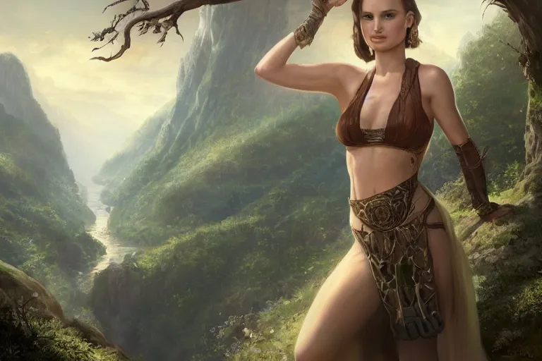Prompt: alluring illustration of Natalie Portman, posing on the edge of a cliff overlooking a forested valley, clothed in a chesty fantasy outfit, realistic, intricate details, 8k resolution matte fantasy painting, cinematic lighting, trending on Artstation, Jason Felix Steve Argyle Tyler Jacobson Peter Mohrbacher