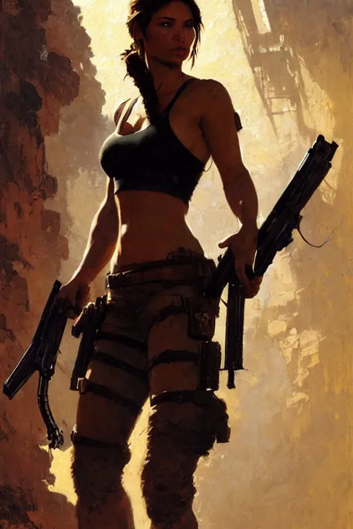 Prompt: lara croft with pistols, portrait dnd, painting by gaston bussiere, craig mullins, greg rutkowski, yoji shinkawa