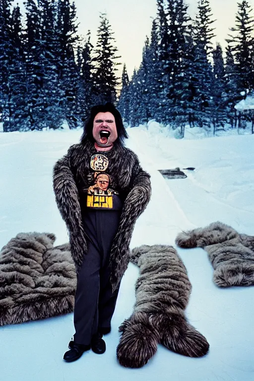 Image similar to 1 8 mm f 1 6 wide shot full body portrait photography of a crazy man wearing fur mittens who looks like a mix of lou diamond phillips and jack black wearing a retro alien invasion movie costume from the 1 9 6 0 s, photo by gregory crewdson