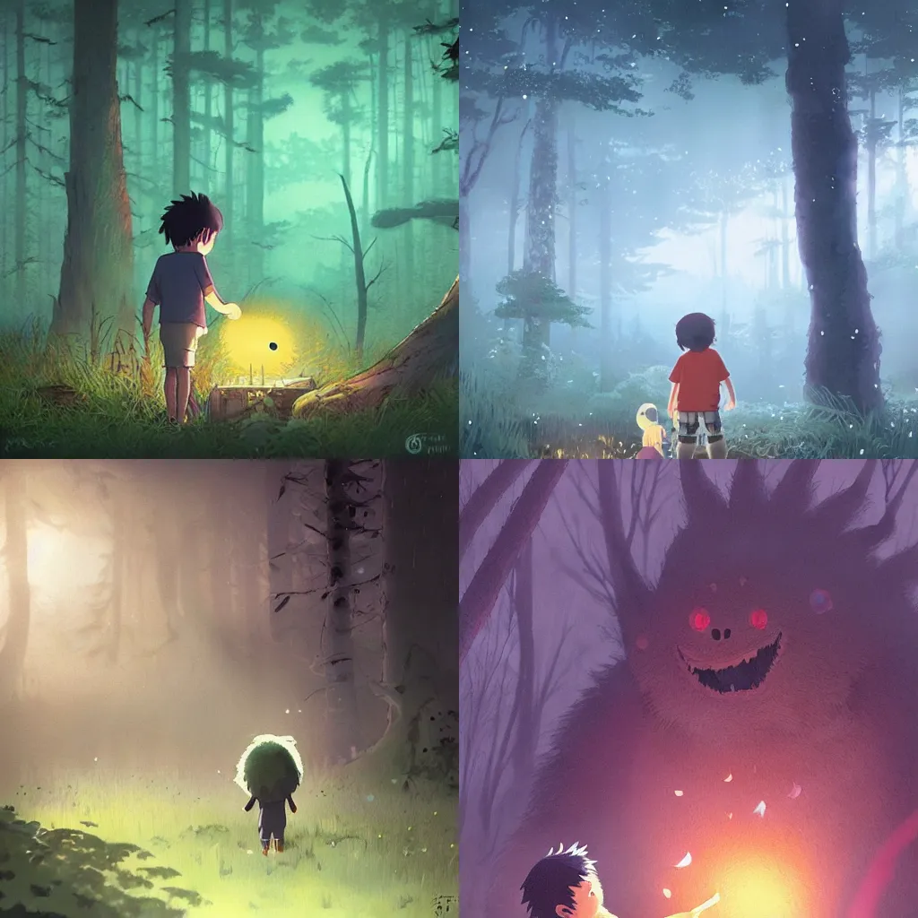 Prompt: a small boy discovers a giant hairy monster in a misty moonlit forest, surrounded by fireflies, art by studio ghibli, trending cgsociety, cinematic lighting