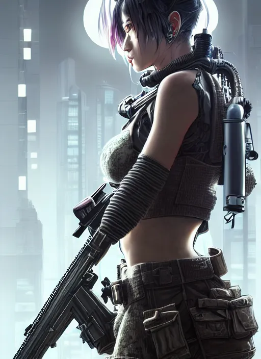 Image similar to the portrait of lawful neutral female cyberpunk marine sniper as absurdly beautiful, gorgeous, elegant, young gravure idol, an ultrafine hyperdetailed illustration by kim jung gi, irakli nadar, intricate linework, bright colors, octopath traveler, final fantasy, unreal engine 5 highly rendered, global illumination, radiant light, detailed and intricate environment