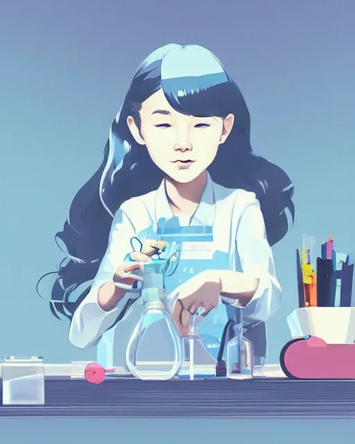 Image similar to a little girl is doing a science experiment. clean cel shaded vector art. minimalist illustration art by lois van baarle, artgerm, helen huang, by makoto shinkai and ilya kuvshinov, rossdraws