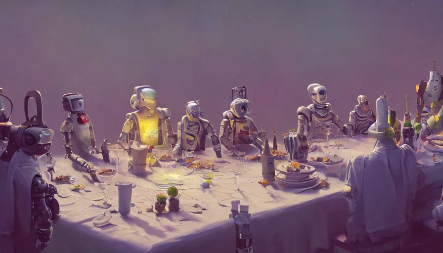 Image similar to a table dinner of robots where robots are dressed like the characters from the midsommar movie, realistic detailed digital art by maxwell boas jessica rossier christian dimitrov anton fadeev trending on artstation cgsociety rendered in unreal engine 4 k hq