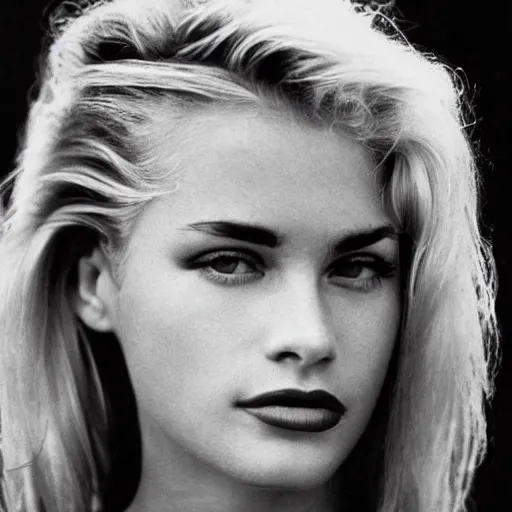 Prompt: black and white vogue closeup portrait by herb ritts of a beautiful female model, 1 9 8 5, 1 9 8 0 s hairstyle, high contrast