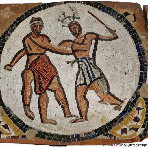 Image similar to an ancient roman mosaic of 2 persons throwing a frisbee