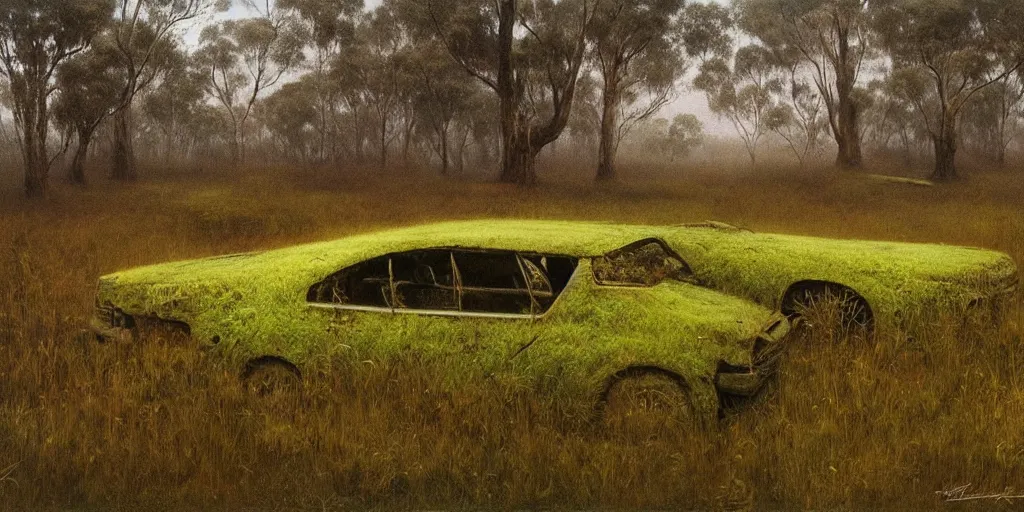 Prompt: hyper realistic painting of an australian landscape, an abandoned holden commodore covered with moss. by Zdzislaw Beksinski