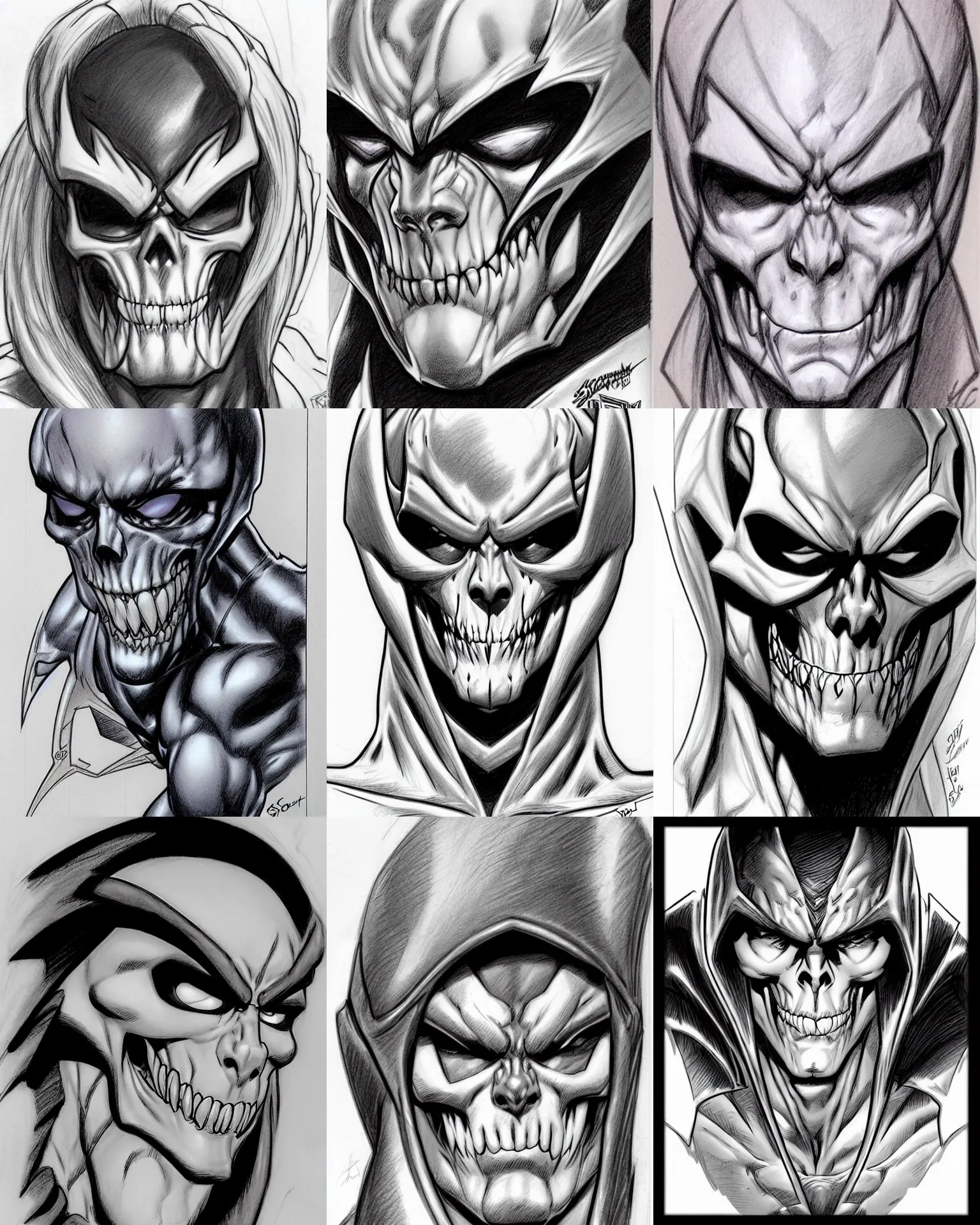 Image similar to j scott campbell!!! pencil sketch by j scott campbell close up headshot of skeletor in the style ofj scott campbell