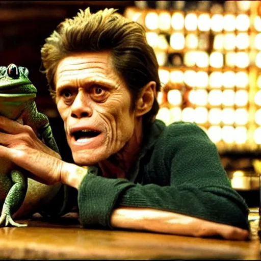 Prompt: willem dafoe and a huge toad sitting in a bar, realistic, from a movie directed by martin scorsese