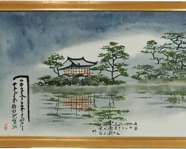 Image similar to a beautiful painting of a building in a serene landscape, japanese watercolor,