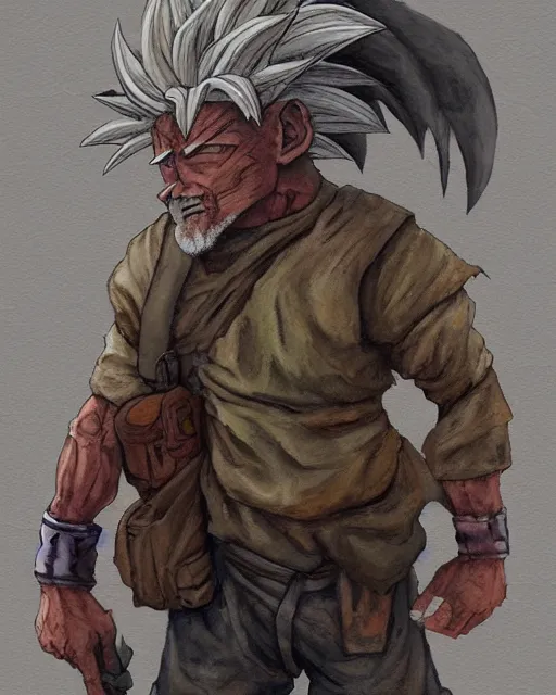 Image similar to a oil / watercolor painting full body character portrait of an old homeless saiyan soldier / mercenary in the style of moebius in the style of leonard boyarsky trending on artstation deviantart pinterest detailed photorealistic highlights and shadow hd 8 k post - processing high resolution