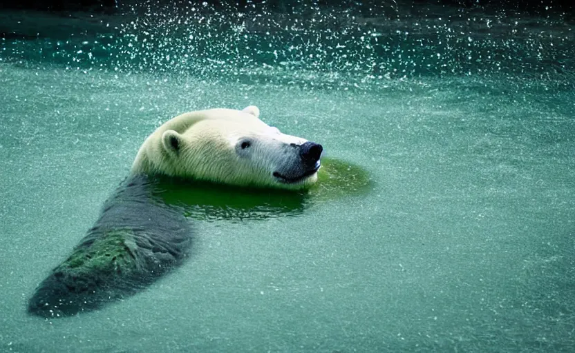 Image similar to gruesome polar bear, beautiful green liquid, green oozing pool pit, cinematic lighting, various refining methods, micro macro autofocus, ultra definition, award winning photo