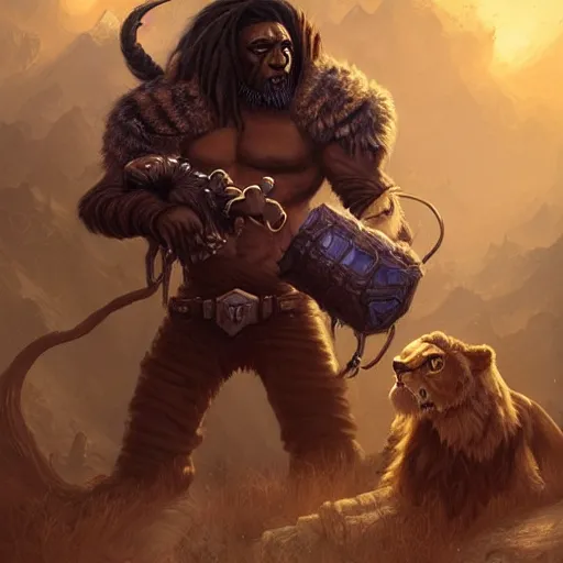 Image similar to An Black 1920's explorer holding a lion cub in his hands in World of Warcraft, cover art, ultra wide lens shot, pretty, beautiful, DnD character art portrait, matte fantasy painting, DeviantArt Artstation, by Jason Felix by Steve Argyle by Tyler Jacobson by Peter Mohrbacher, cinematic lighting