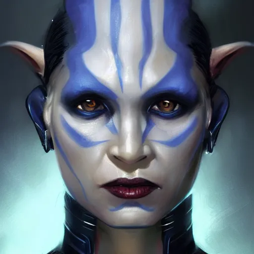 Image similar to portrait of a female Twi'lek sith by Greg Rutkowski, blue skin, she is about 30 years old, wearing black sith uniform, Star Wars Expanded Universe, highly detailed portrait, digital painting, artstation, concept art, smooth, sharp foccus ilustration, Artstation HQ