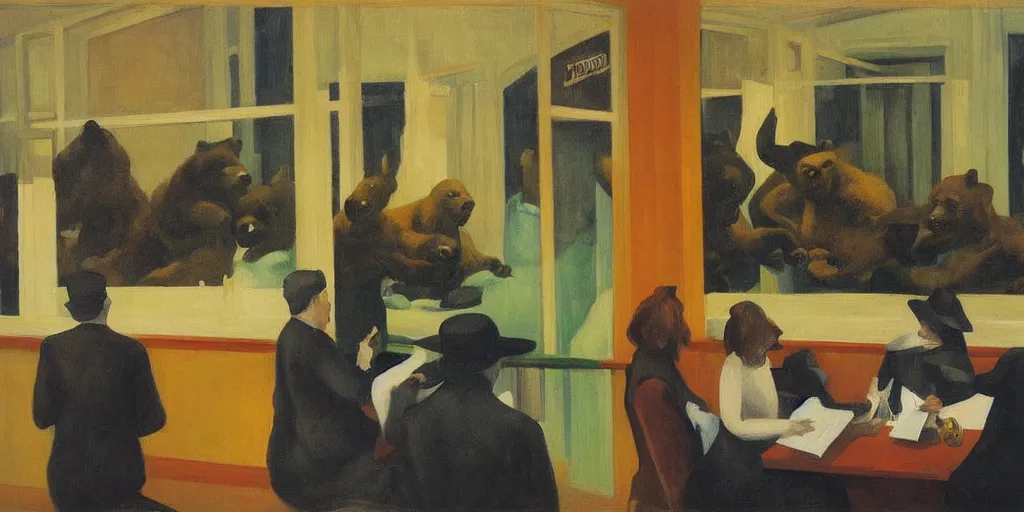 Image similar to painting, view from inside edward hopper's painting nighthawks, of a group of werebears robbing a bank, by magrirre, by neo rauch