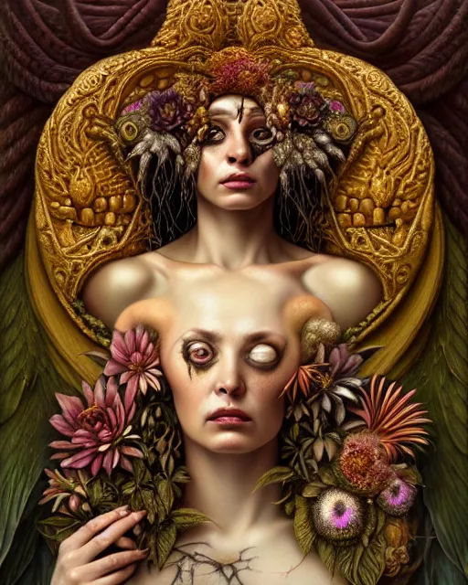 Image similar to portrait of the goddess of decay, unusual beauty, flowers and plants, emotionally evoking symbolic metaphors, head in focus, fantasy, ornamental, intricate, elegant, sensual, highly detailed digital painting, artstation, concept art, painterly, golden ratio, sharp focus, illustration, art by John William Godward and Boris Vallejo and Zdzisław Beksiński,