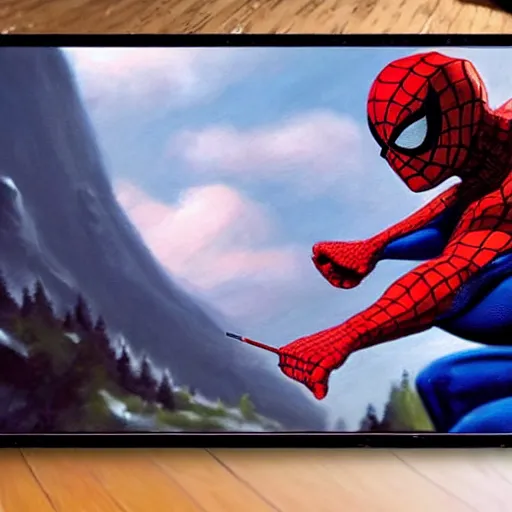 Image similar to a closeup photorealistic photograph of bob ross working on a canvas painting of spiderman. film still. brightly lit scene. mountains and trees. this 4 k hd image is trending on artstation, featured on behance, well - rendered, extra crisp, features intricate detail, epic composition and the style of unreal engine.