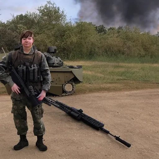 Image similar to mrbeast standing in front of an active military battlefield, posing, charismatic, gunfire, explosions in background