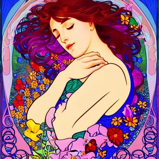 Image similar to a woman sleeping in the middle of flowers, confident pose, intricate, elegant, illustration, sensual, highly detailed, concept art, impressionist, art nouveau, trending on artstation, lisa frank, alfons mucha