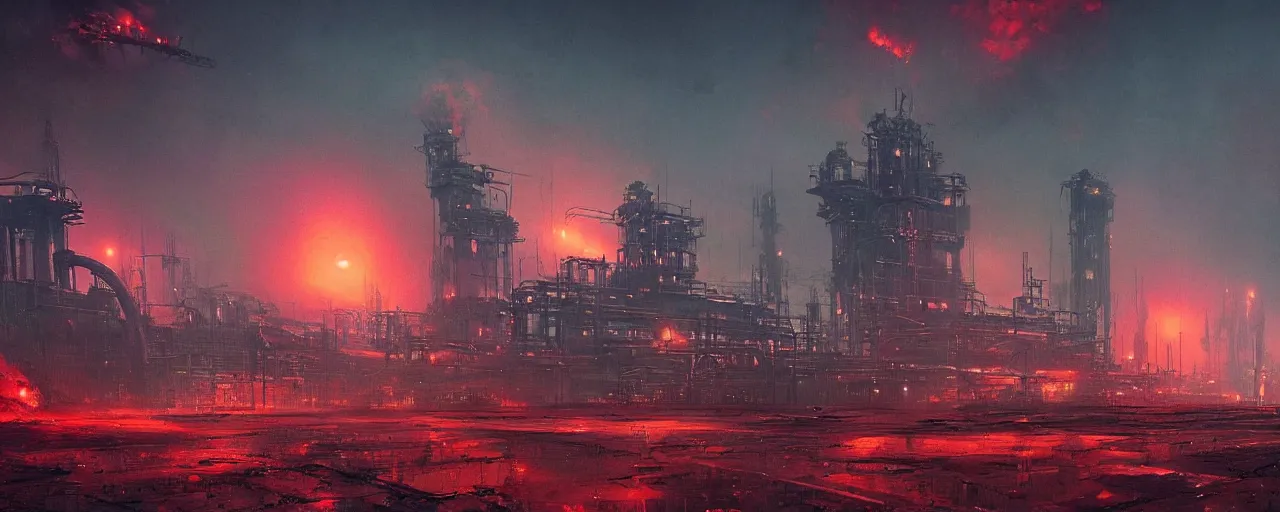 Prompt: ” polluted industrial alien landscape, [ smoke, soot, cinematic, detailed, epic, widescreen, opening, establishing, mattepainting, photorealistic, realistic textures, octane render, art by slop and paul lehr ] ”