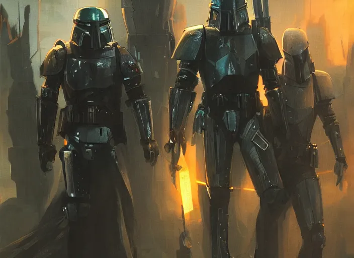 Image similar to a group of medieval cyberpunk knights in a scenic environment, armor inspired by blade runner and boba fett, cybernetic implants, beautiful digital art, action pose, epic lighting, epic composition, sharp focus