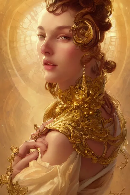 Image similar to a photograpic portrait of a pretty woman, rococo, gold, fantasy, intricate, elegant, highly detailed, digital painting, artstation, concept art, smooth, sharp focus, illustration, art by artgerm and greg rutkowski and alphonse mucha