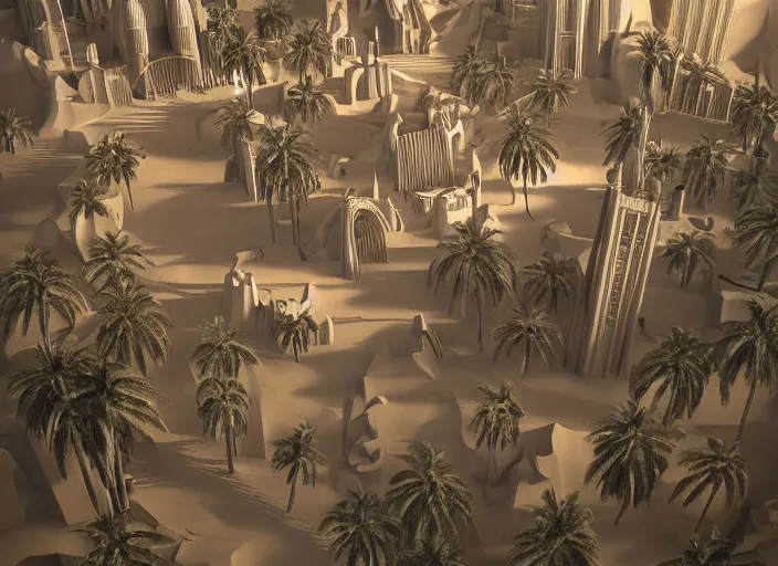 Image similar to cover concept art of the lost sand city, levitating sand, golden towers, golden pillars, palm trees, space and time, floating objects, post-processing, in the style of Hugh Ferriss, Behance, Artgerm. High detail, ultra realistic render, octane, 3D, photorealism, symmetric, cinematic