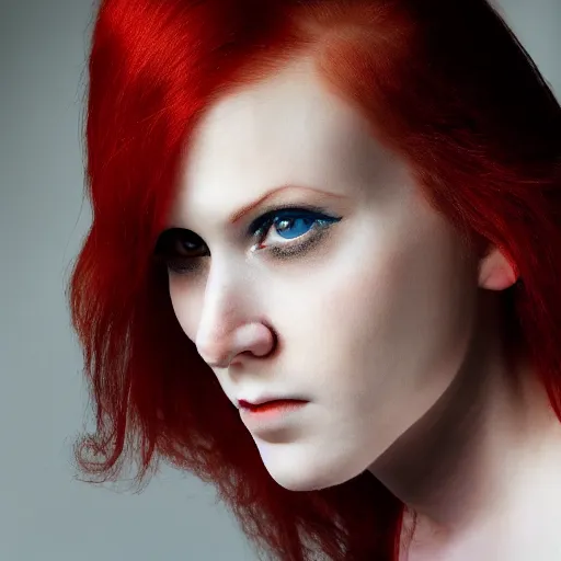 Image similar to a close up portrait of a pale woman vampire with red hair, award winning photography, ultra high detail, hd, 8k, by Martin Schoeller