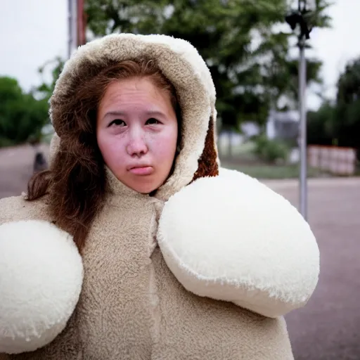 face portrait, woman age 2 0 in a puffy sheep costume,, Stable Diffusion