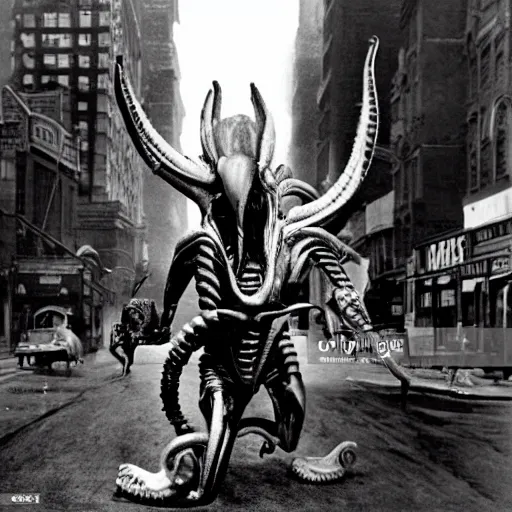 Image similar to old black and white photo, 1 9 1 3, depicting a xenomorph from the movie aliens rampaging through the bustling streets of new york city, historical record