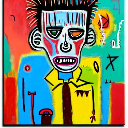 Prompt: colorful odd colors detailed neo expressionism chaotic oil painting of sad boy business man depressed with tattoos by basquiat
