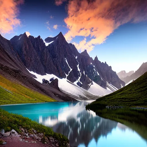 Image similar to landscape photography by marc adamus, glacial lake, sunset, dramatic lighting, mountains, clouds, beautiful