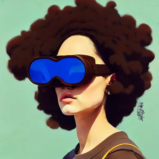 Prompt: Beautiful woman wearing opaque goggles profile picture by Greg Rutkowski, brown skin, long afro hair, asymmetrical, studio ghibli, Organic Painting , Matte Painting, geometric shapes, hard edges, street art, trending on the artstation, fantasy LUT, realistic by Sachin Teng,