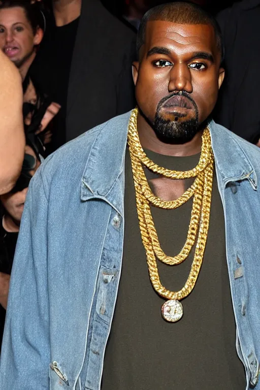 Image similar to kanye west wearing diamond miami cuban link chain with kanye head pendant made out of gold and diamonds