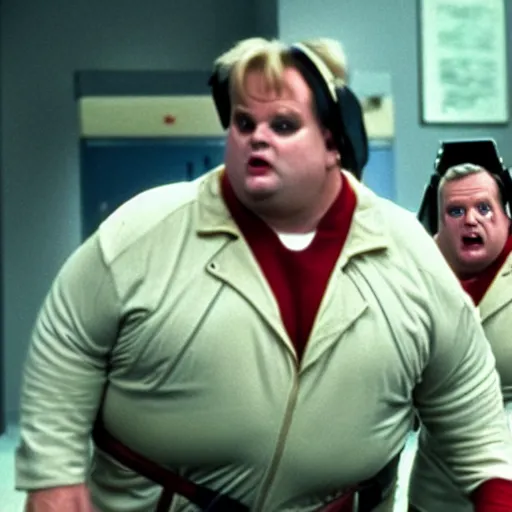 Image similar to Chris Farley as a Ghostbuster in a still from the movie Ghostbusters 8k hdr