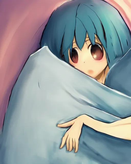 Image similar to hugging a blanket tightly, anime concept art, ambient cozy lighting, fluffy blue blanket, cute