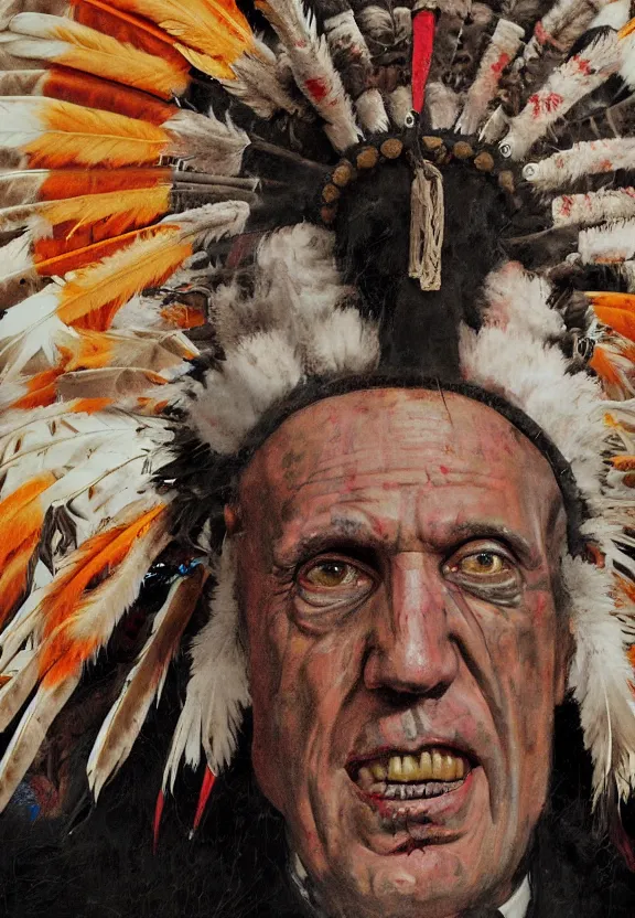 Image similar to close up portrait of zombie Pope Francis wearing a Native American Indian Feathered Headdress War Bonnet, dead redemption, by Adrian Ghenie